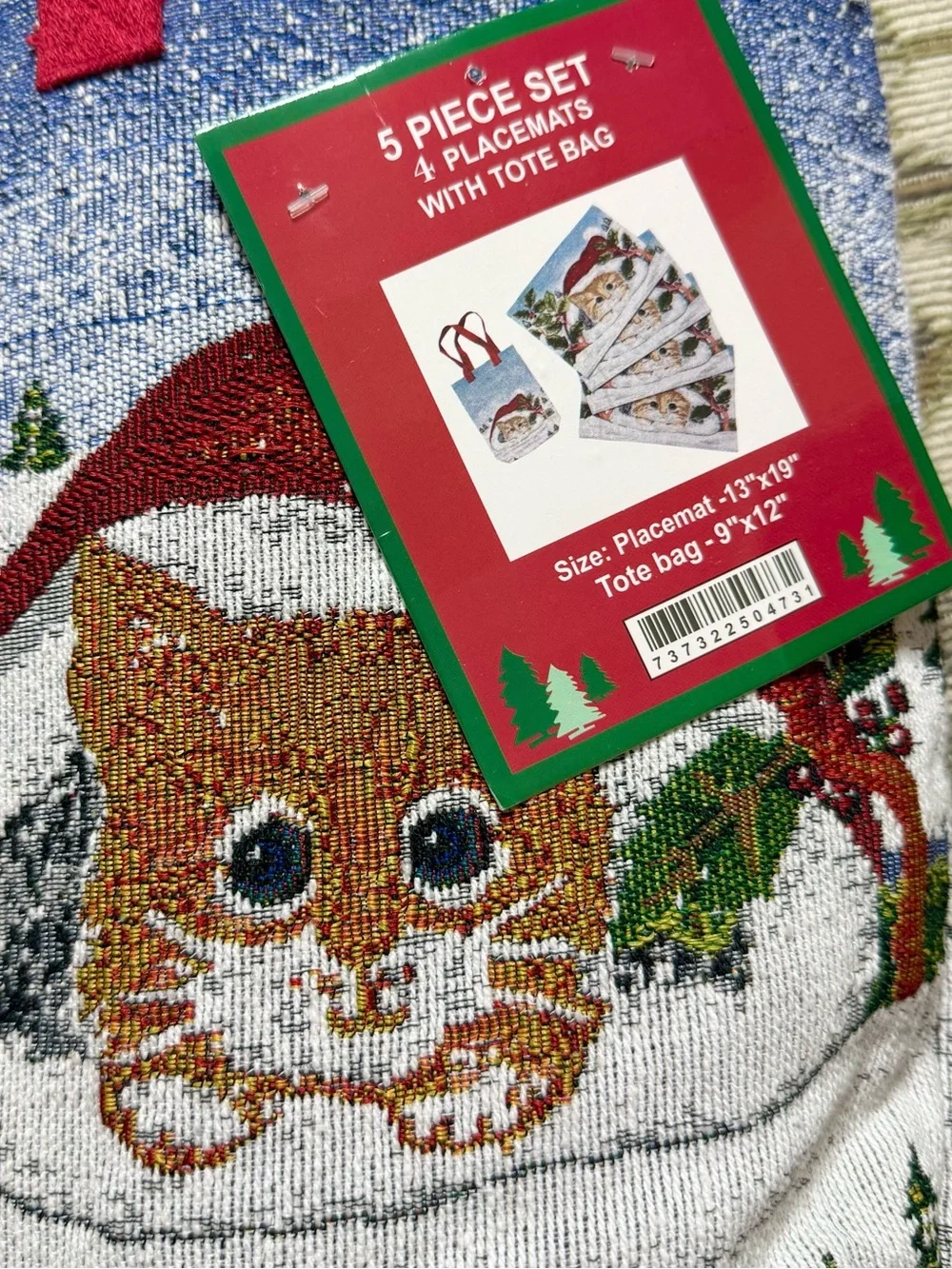 Christmas Placemats with Tote Bag Holiday Tapestry Kitten Cat New